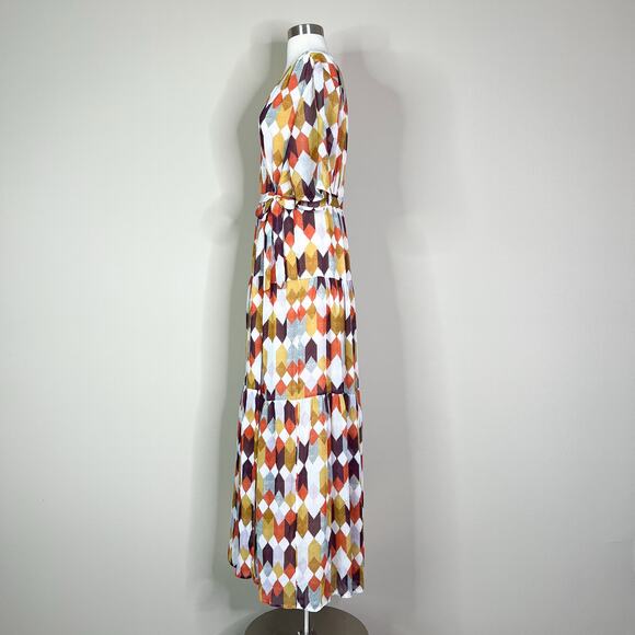 Roller Rabbit | Noma Geometric Print White Orange Short Sleeve Wrap Maxi Dress - Picture 10 of 13